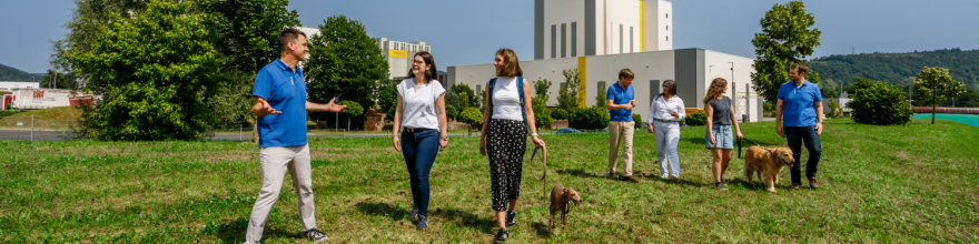 People walking on the grass in front of the company in Kleinheubach. Two of them have a dog.
