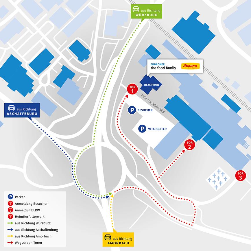 Anfahrtsweg zum Gelände in Kleinheubach mit dem PKW oder LKW auf einer Karte eingezeichnet.